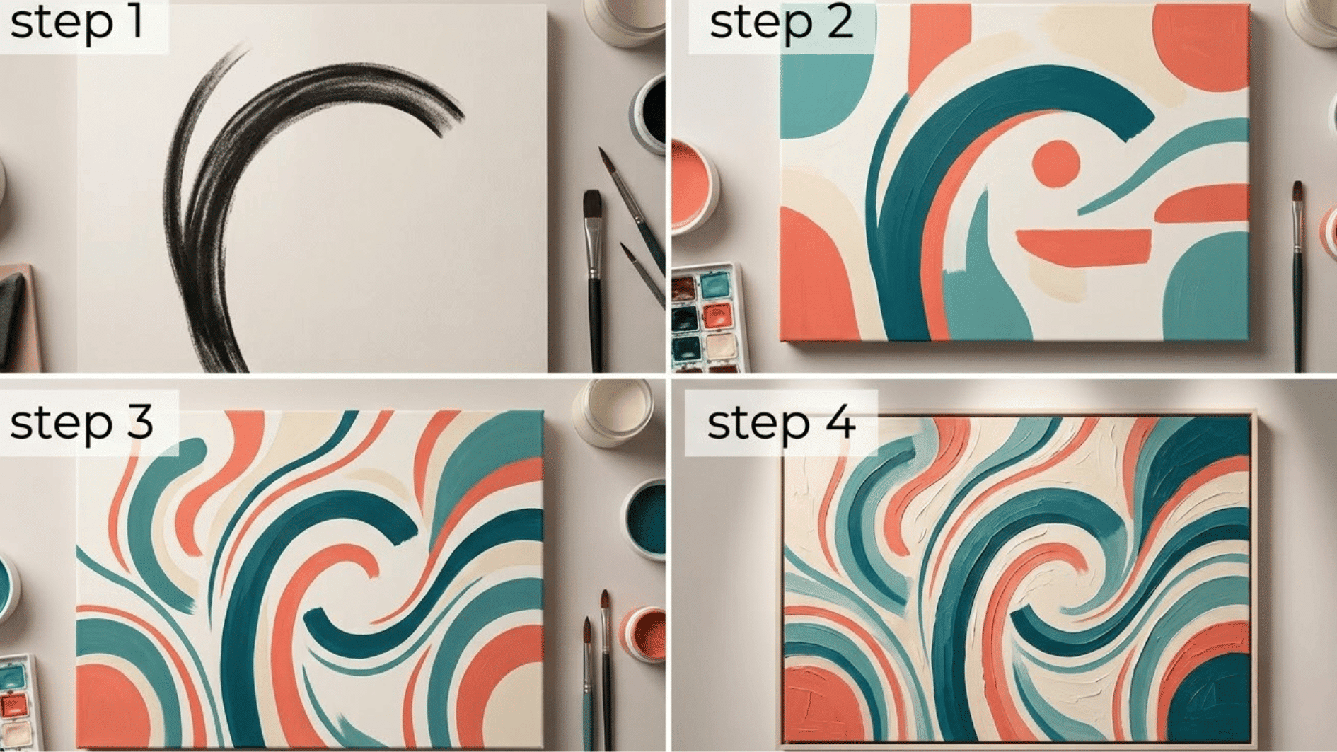 a four grid collage of a harmony in art
