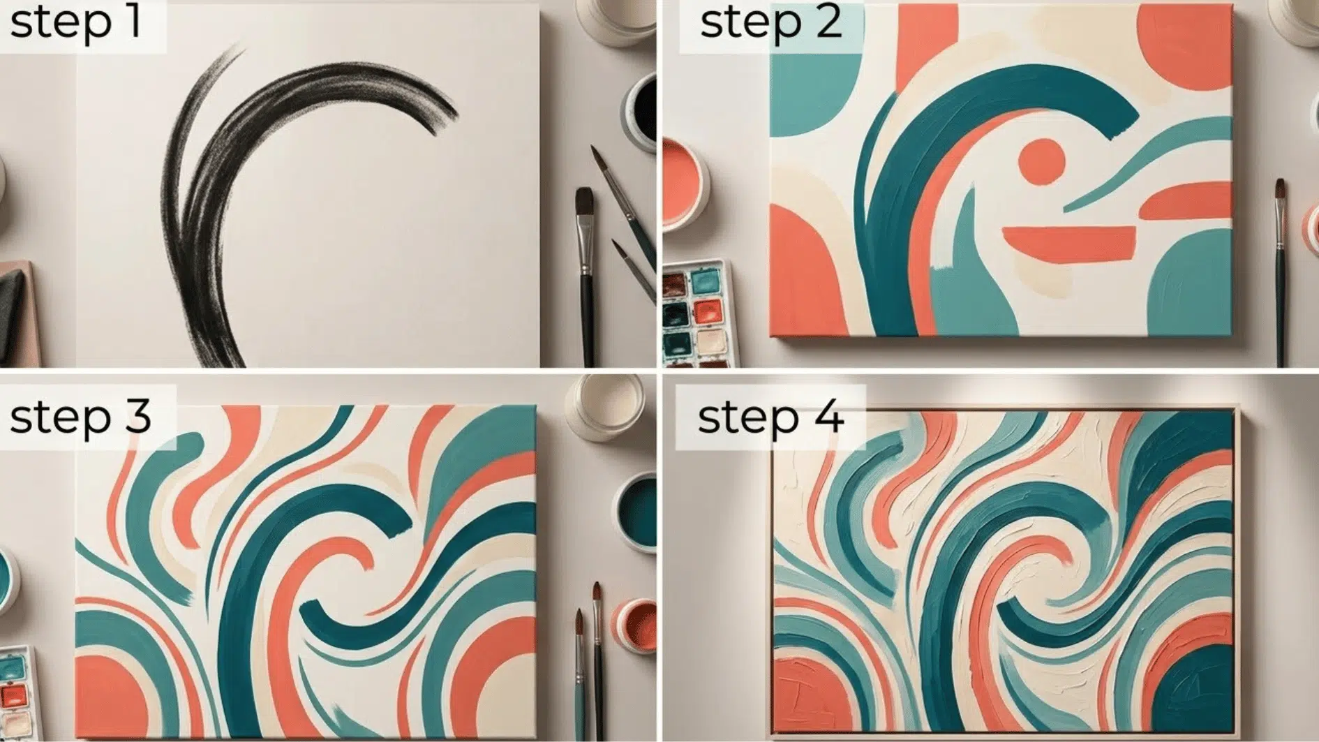 a four grid collage of a harmony in art