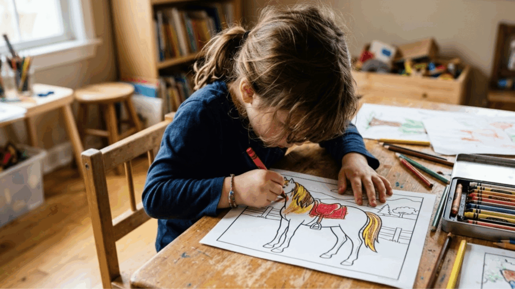 a kid coloring a horse coloring page with scattered supplies on table