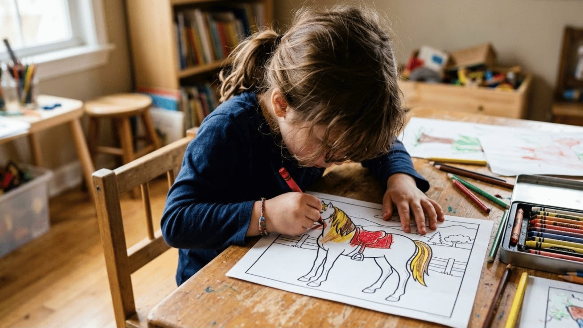 a kid coloring a horse coloring page with scattered supplies on table