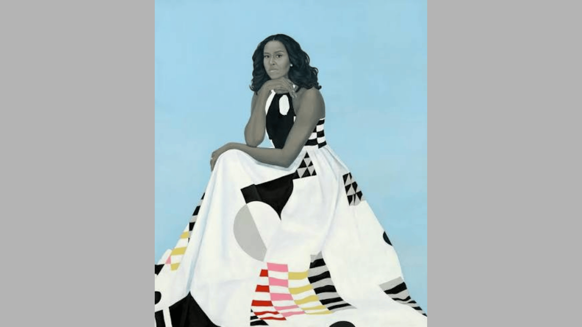 a seated woman in a flowing geometric dress against a pale blue background in a formal painted portrait