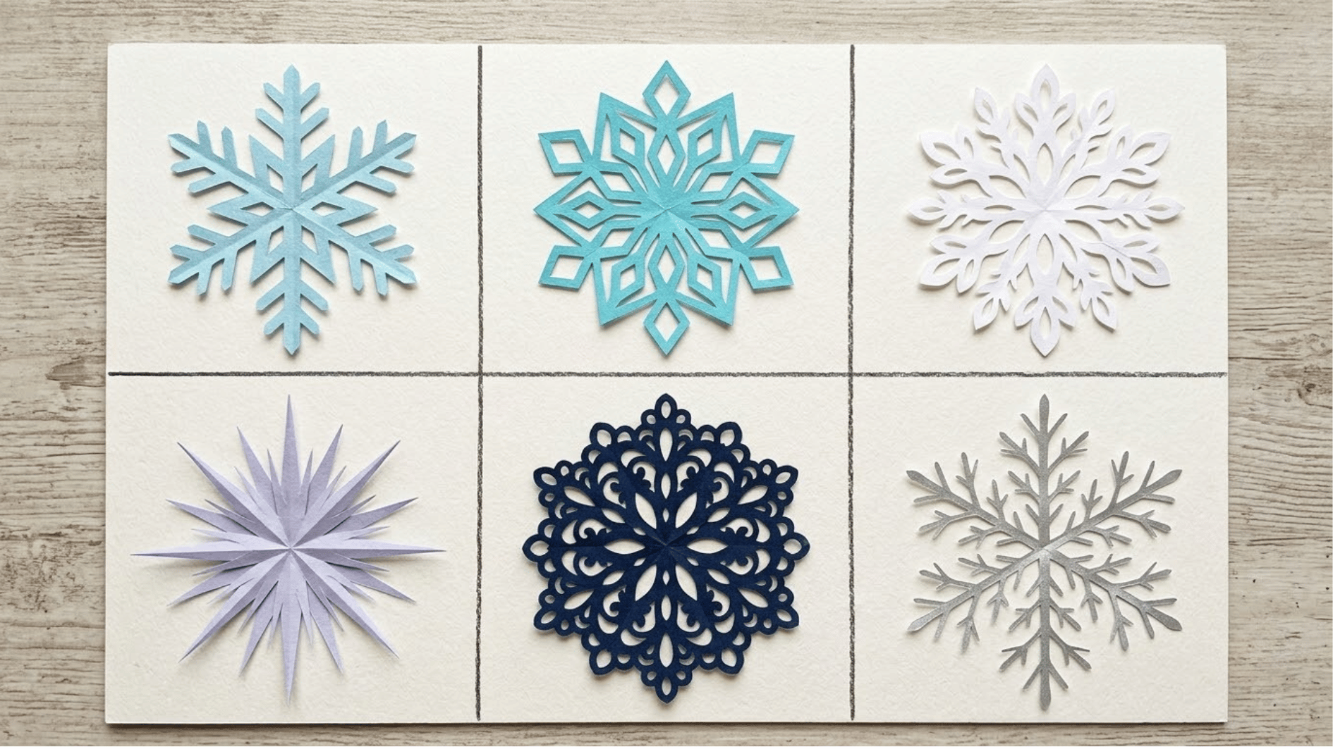 a six grid collage of different types of snowflakes with different colors