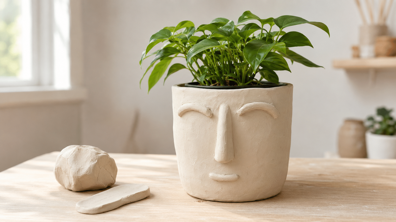 cream clay face planter holding a small green plant