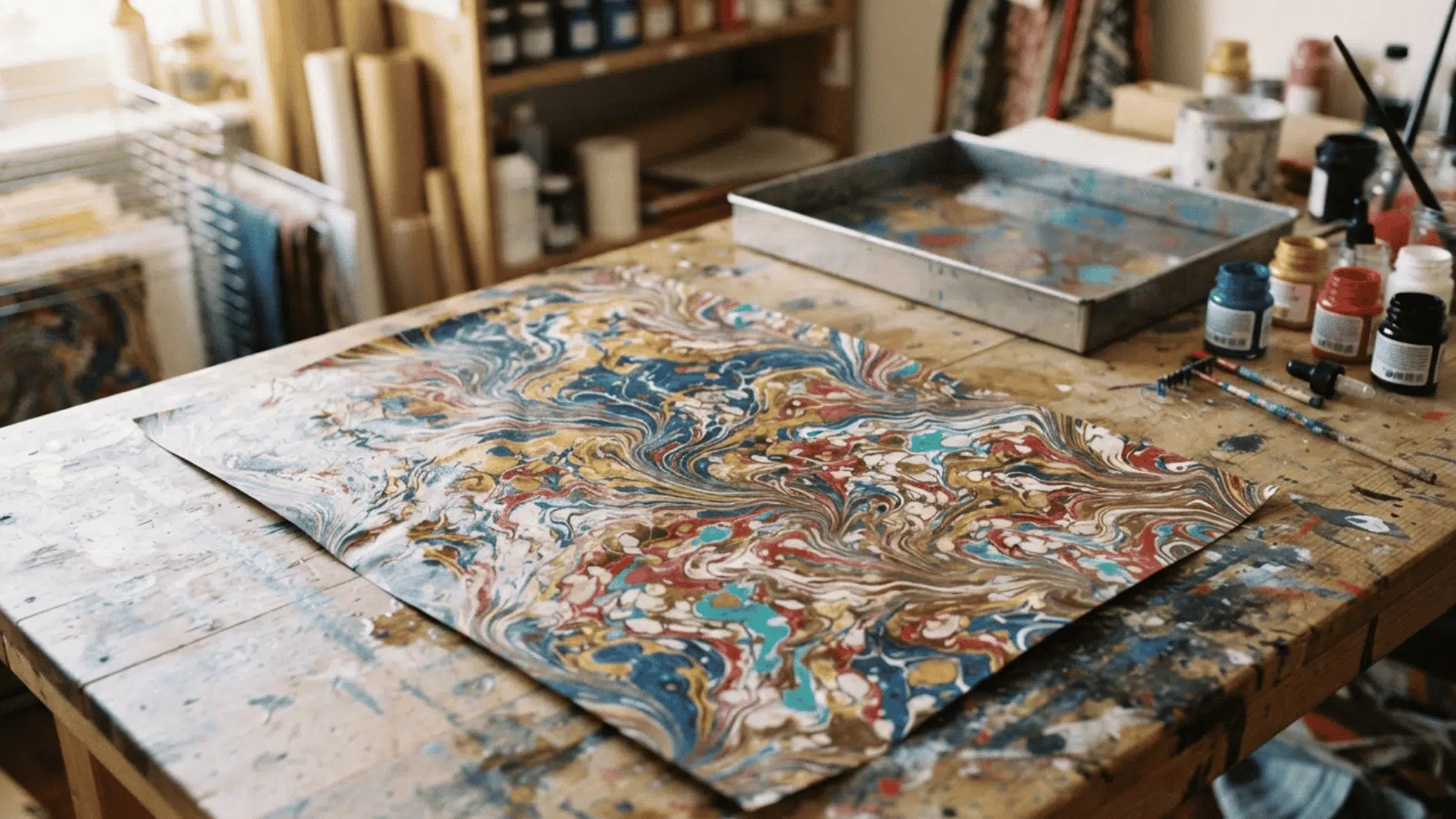 abstract marbled paper with swirling blue red gold and white paint patterns