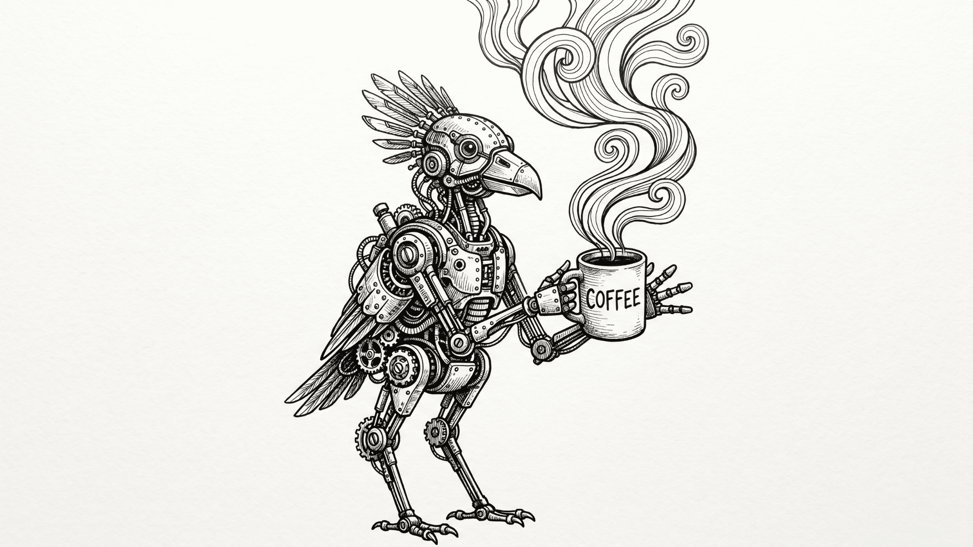Robotic bird line drawing holding a coffee mug with swirling steam.