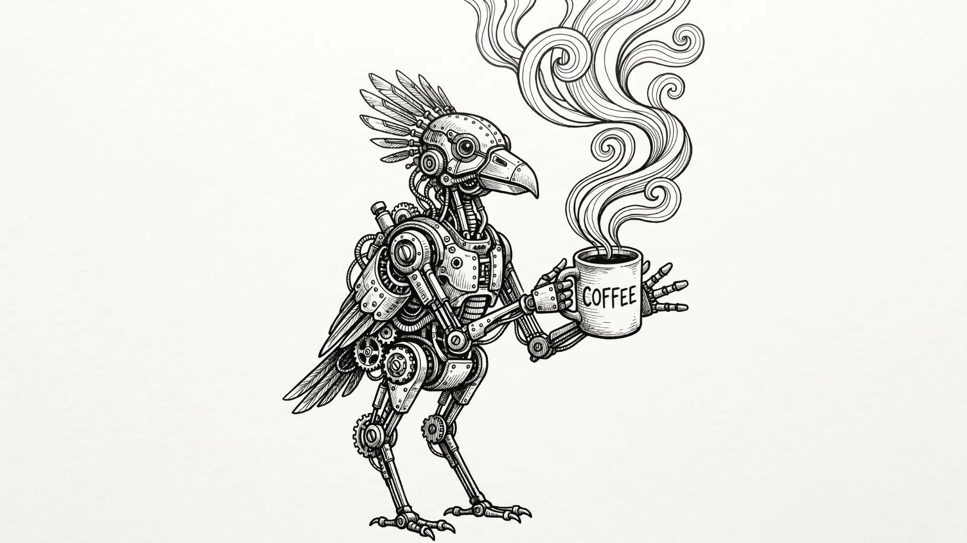 Robotic bird line drawing holding a coffee mug with swirling steam.