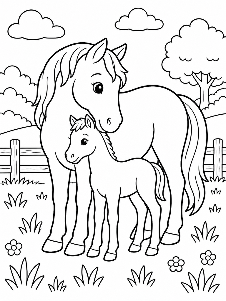 Adult horse standing beside a small foal in a grassy field with simple flowers for children to color.
