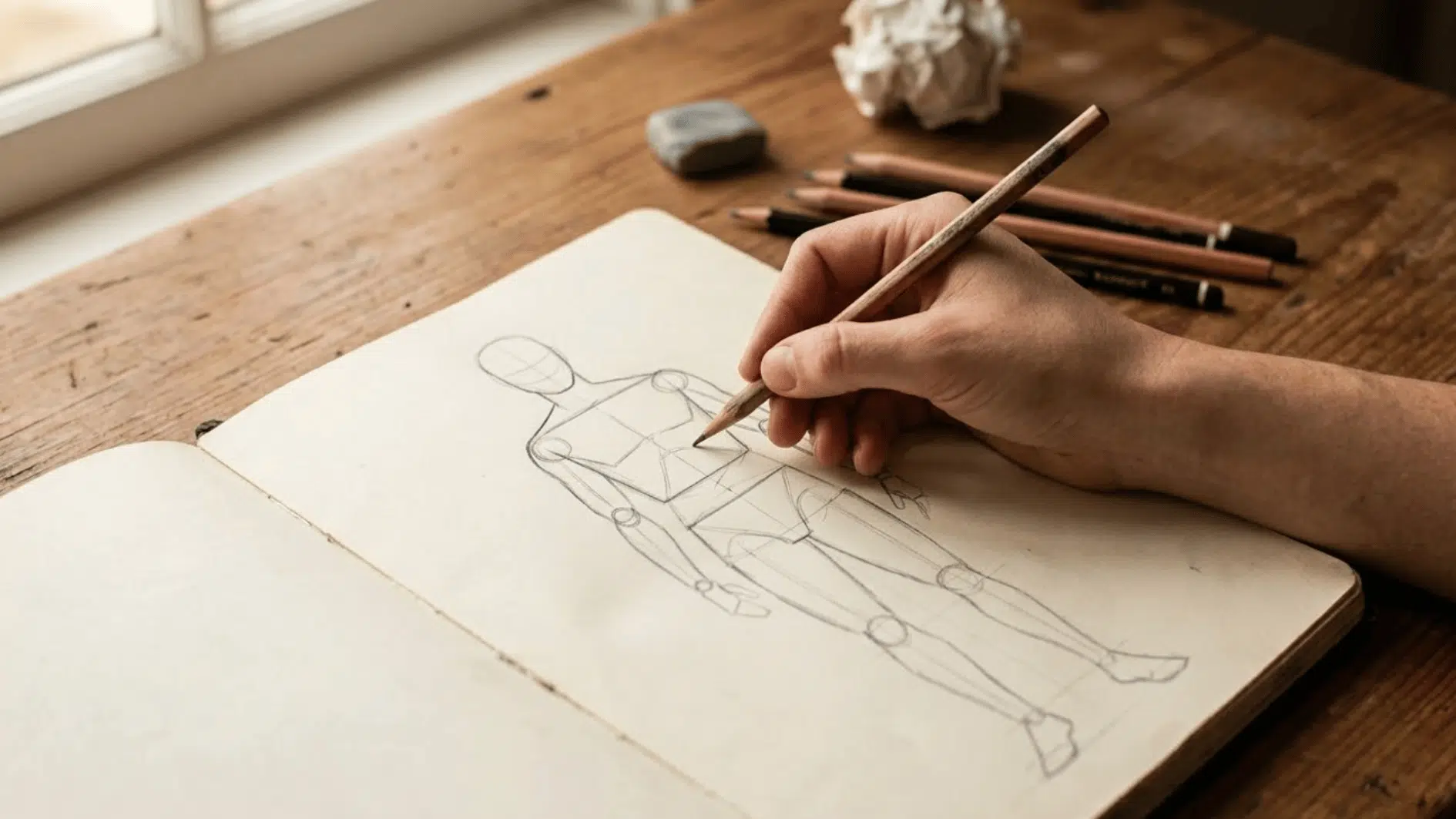 hand sketching a human figure using basic construction shapes in a sketchbook with pencils and eraser on a wooden desk