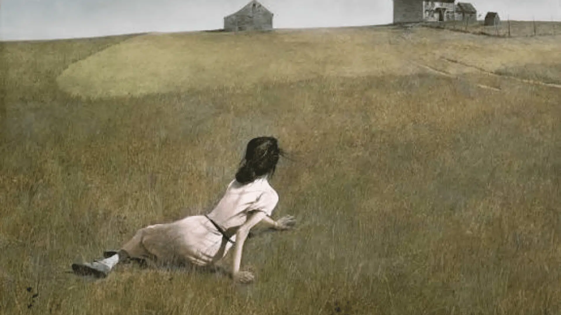 andrew wyeth's christina's world showing a woman in a wide grassy field looking toward a distant farmhouse