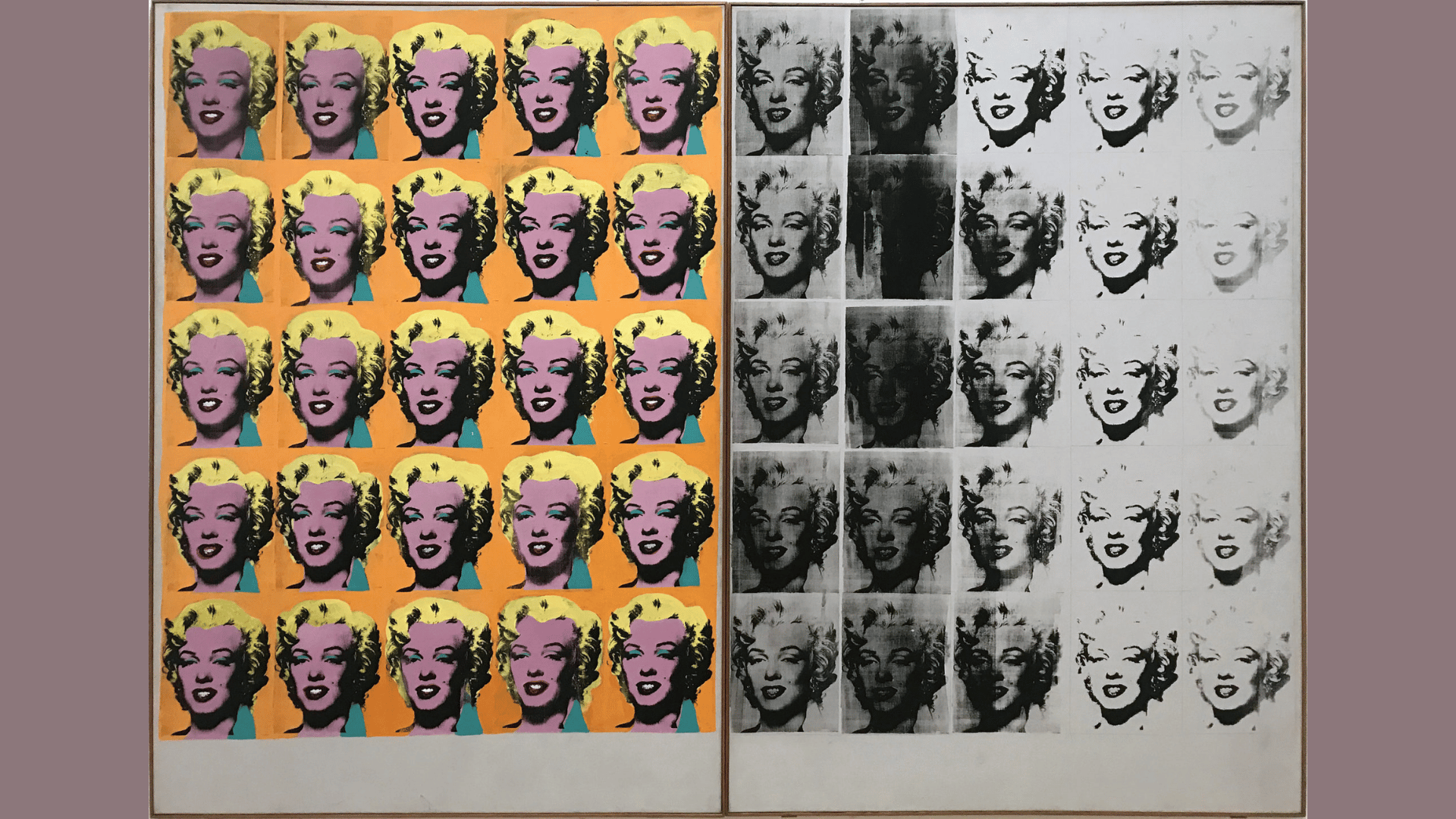andy warhol's marilyn diptych showing repeated portraits in bright color fading into black and white