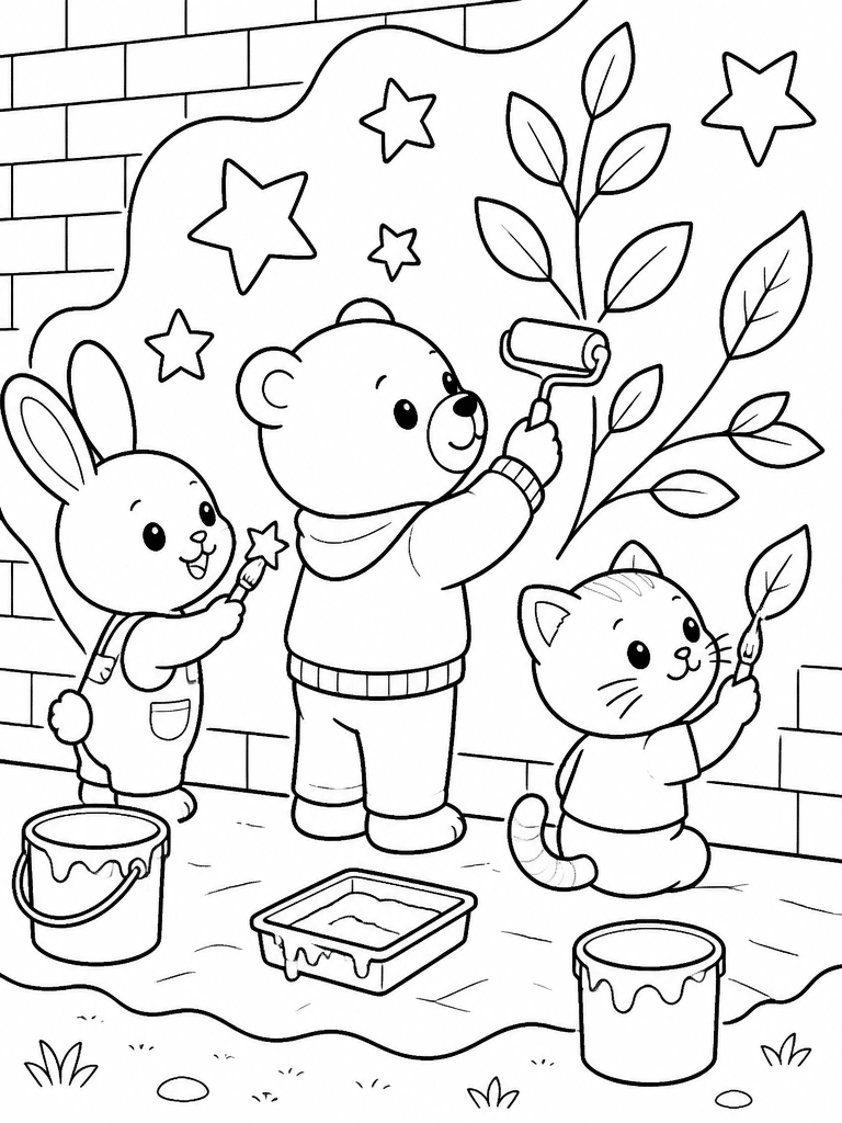 Animal friends painting a classroom mural with brushes, paint trays, stools, stars, and shapes.