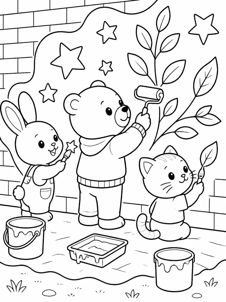Animal friends painting a classroom mural with brushes, paint trays, stools, stars, and shapes.
