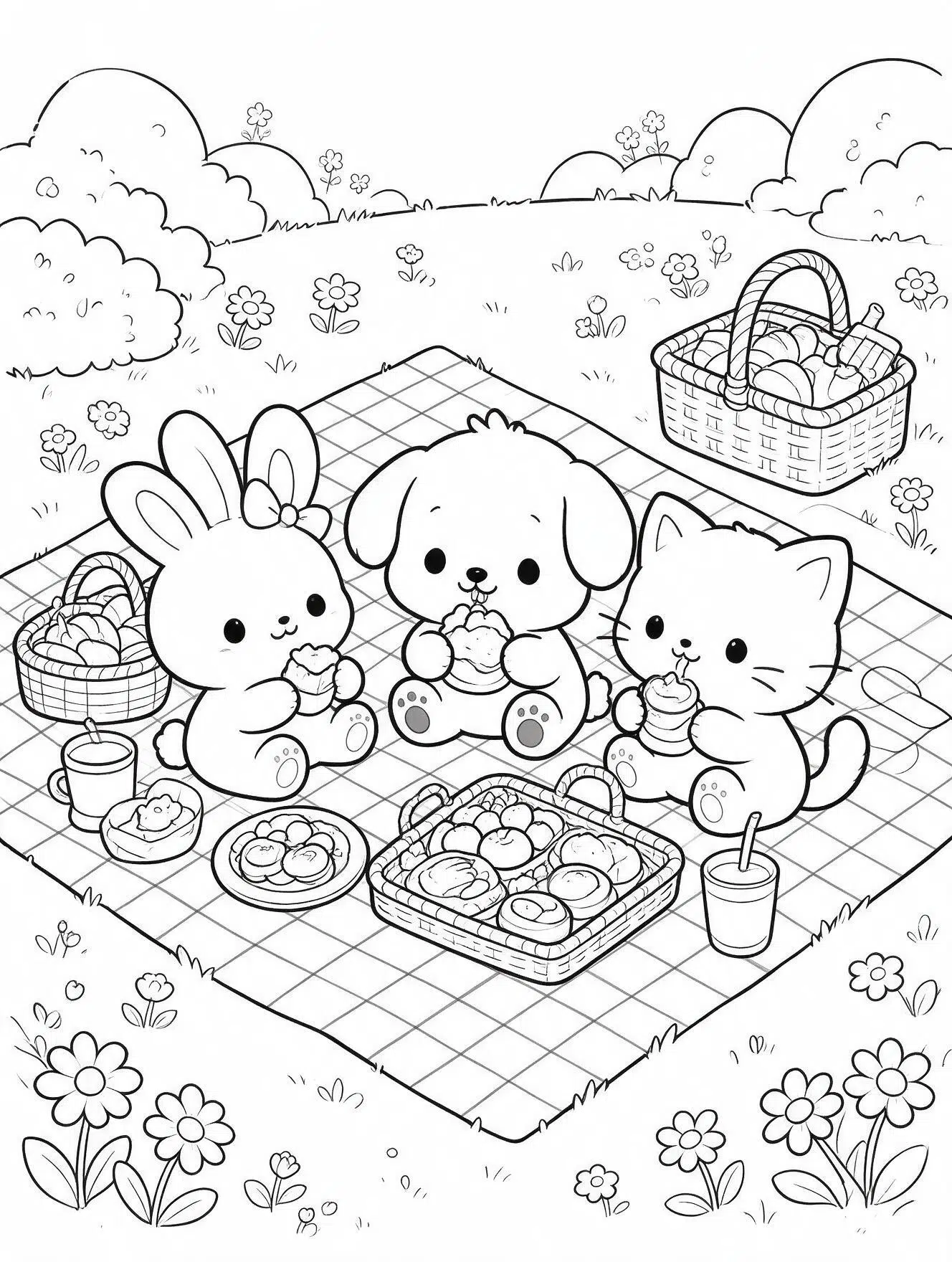 bunny puppy and kitten sharing food on a picnic blanket