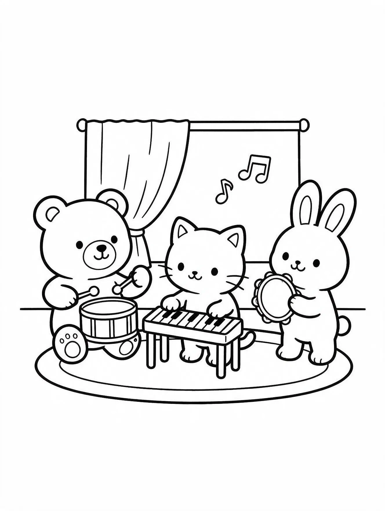 bear kitten and bunny playing instruments in a music room