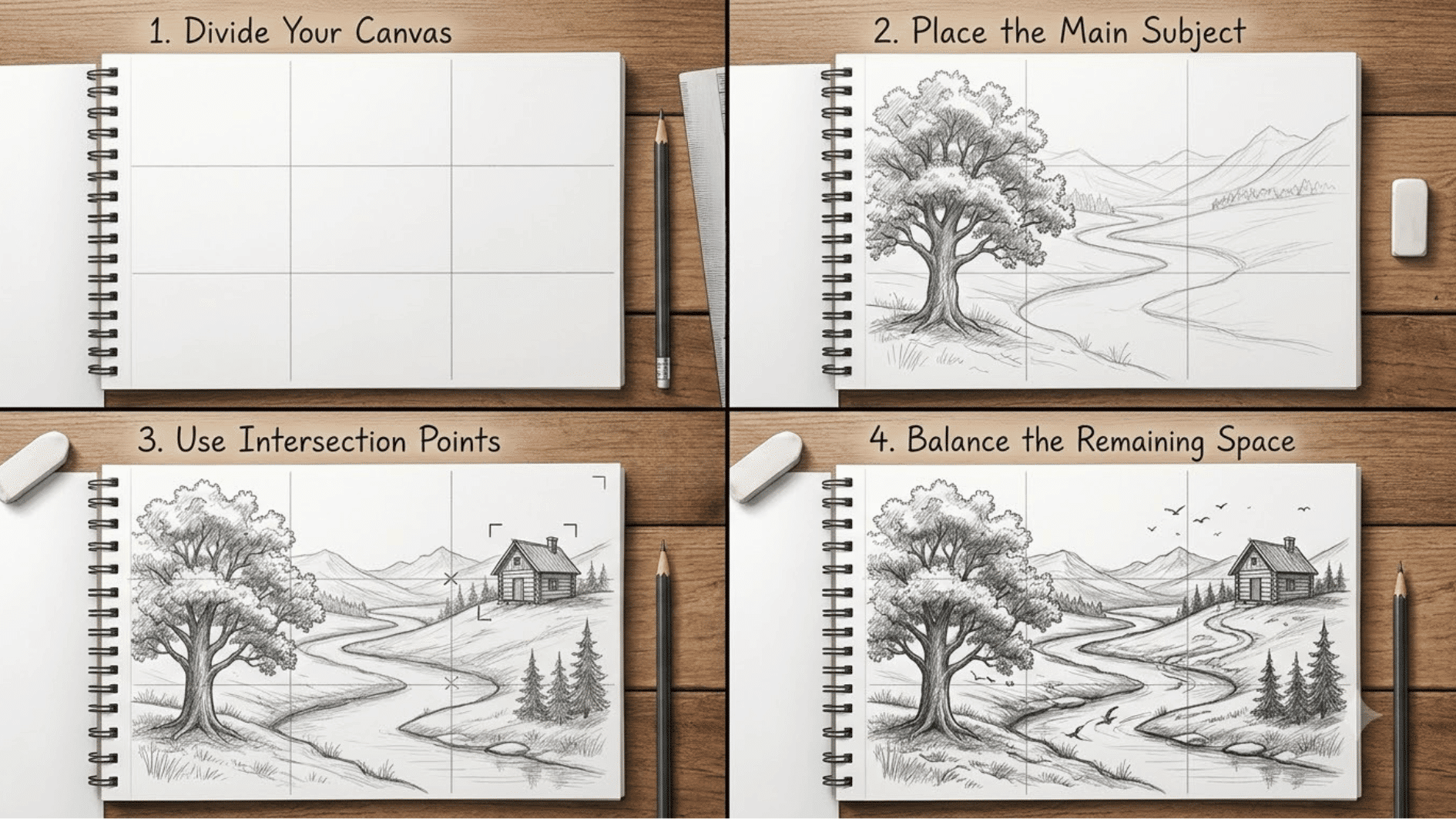 a modern artist sketchbook-style four-grid collage showing how to apply the <echighlighted>rule of thirds drawing</echighlighted> technique