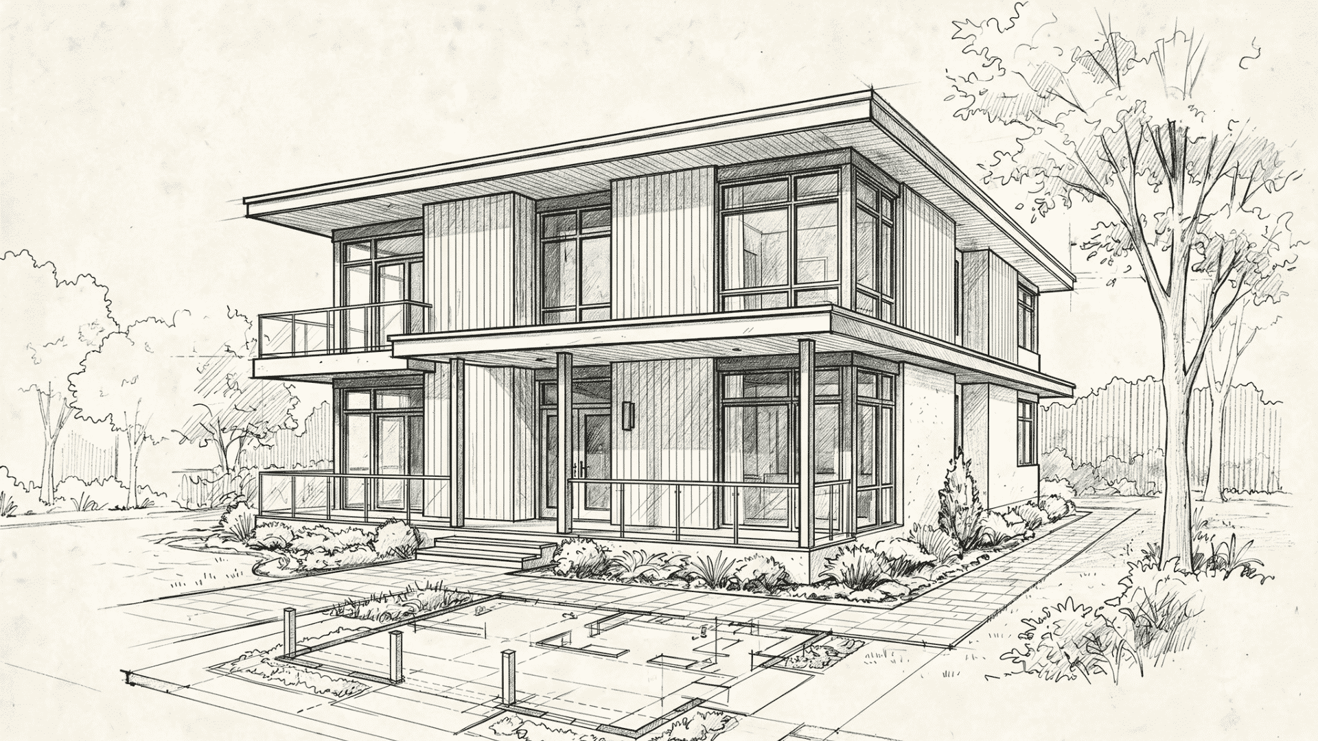Architectural house drawing with elevation details, floor plan, and measurements.