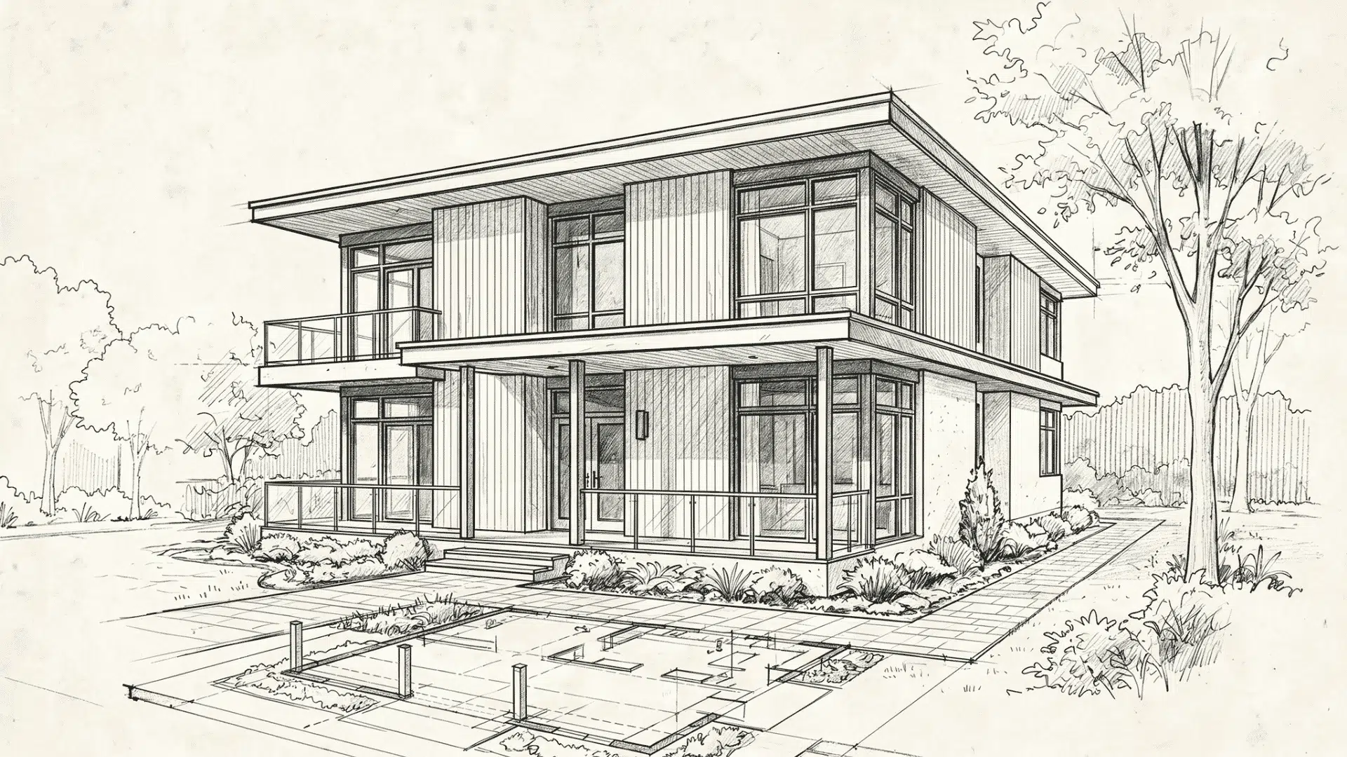Architectural house drawing with elevation details, floor plan, and measurements.