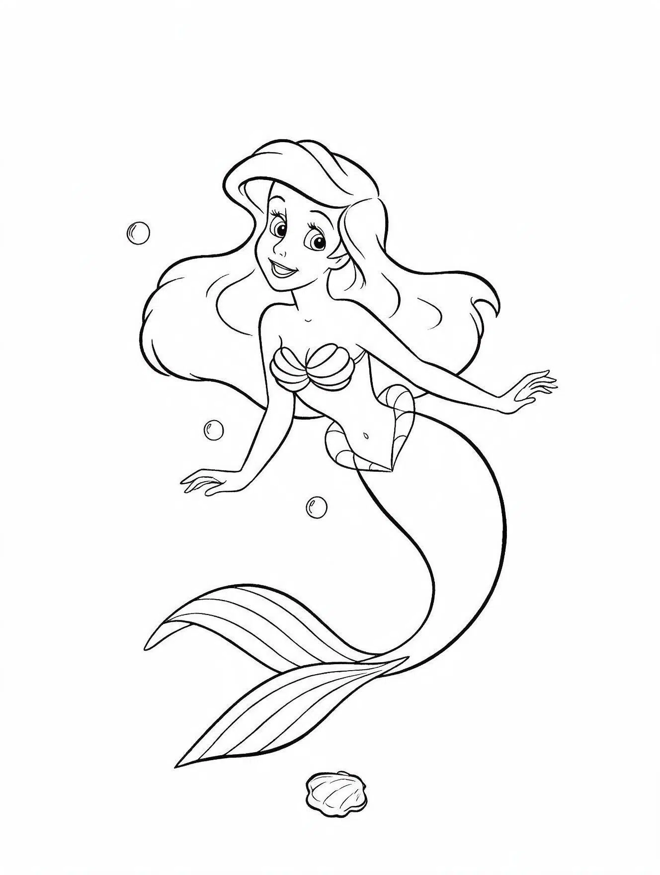 Smiling Ariel portrait with bubbles and a small seashell.