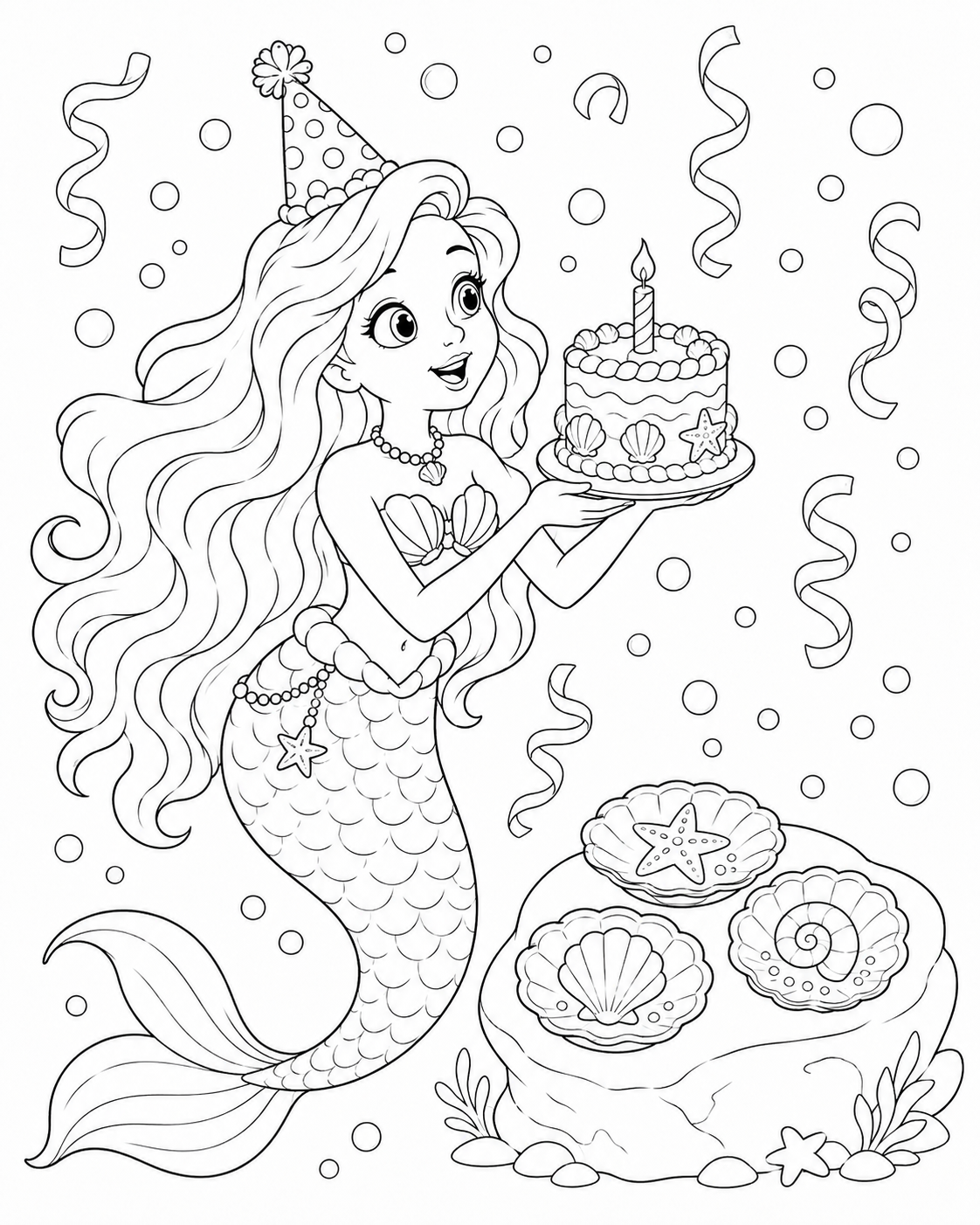 Ariel holding a birthday cake beneath bubble balloons.