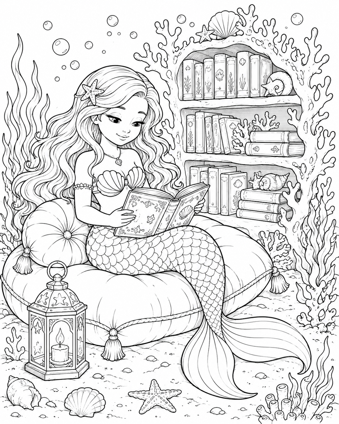 Ariel reading a book in a cozy coral nook.