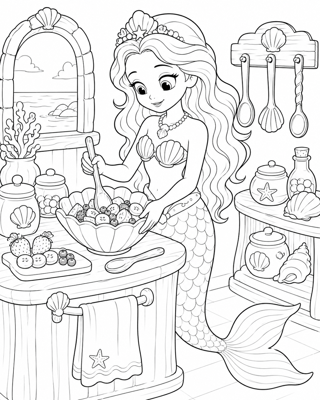 Ariel preparing fruit in a shell-shaped kitchen bowl.