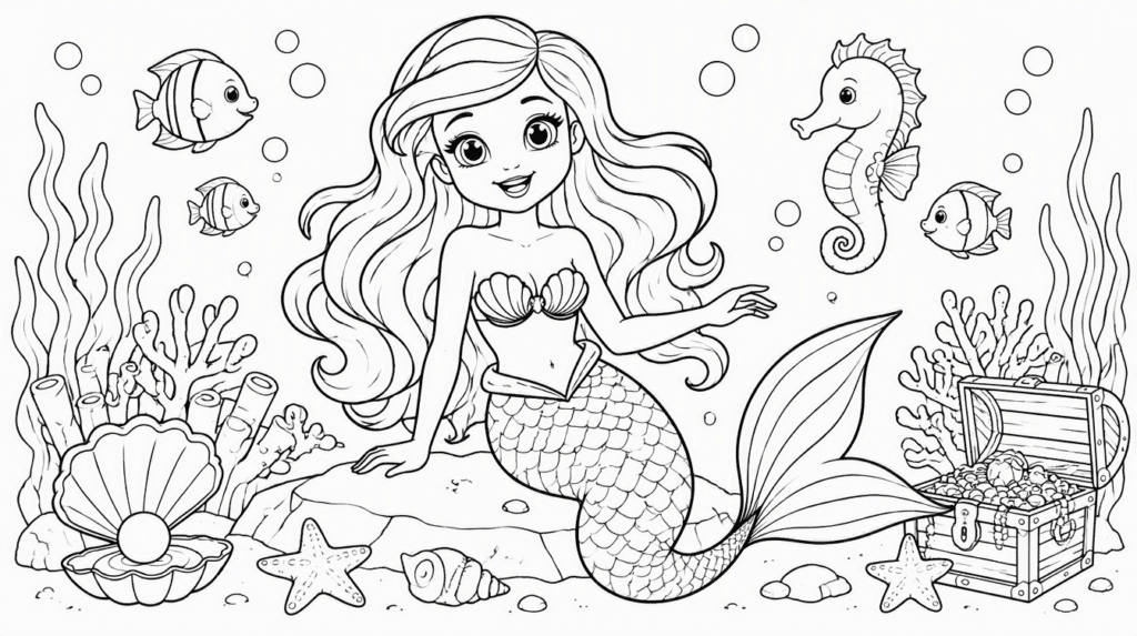 ariel-style mermaid coloring page with red hair, green tail, coral, fish, bubbles, and seashells underwater.