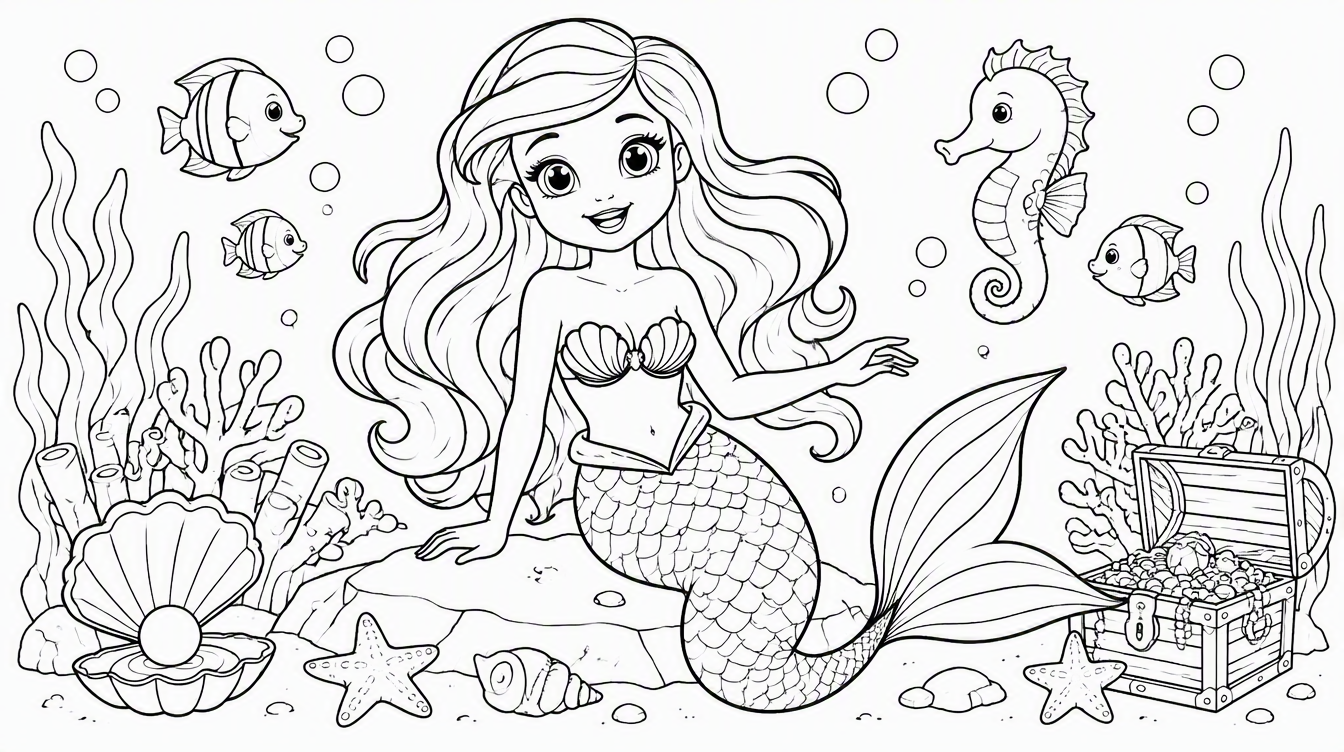ariel-style mermaid coloring page with red hair, green tail, coral, fish, bubbles, and seashells underwater.