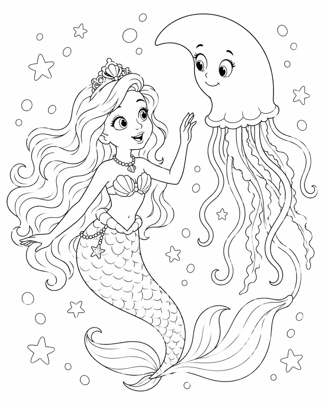 Ariel floating beside a moon jellyfish and stars.