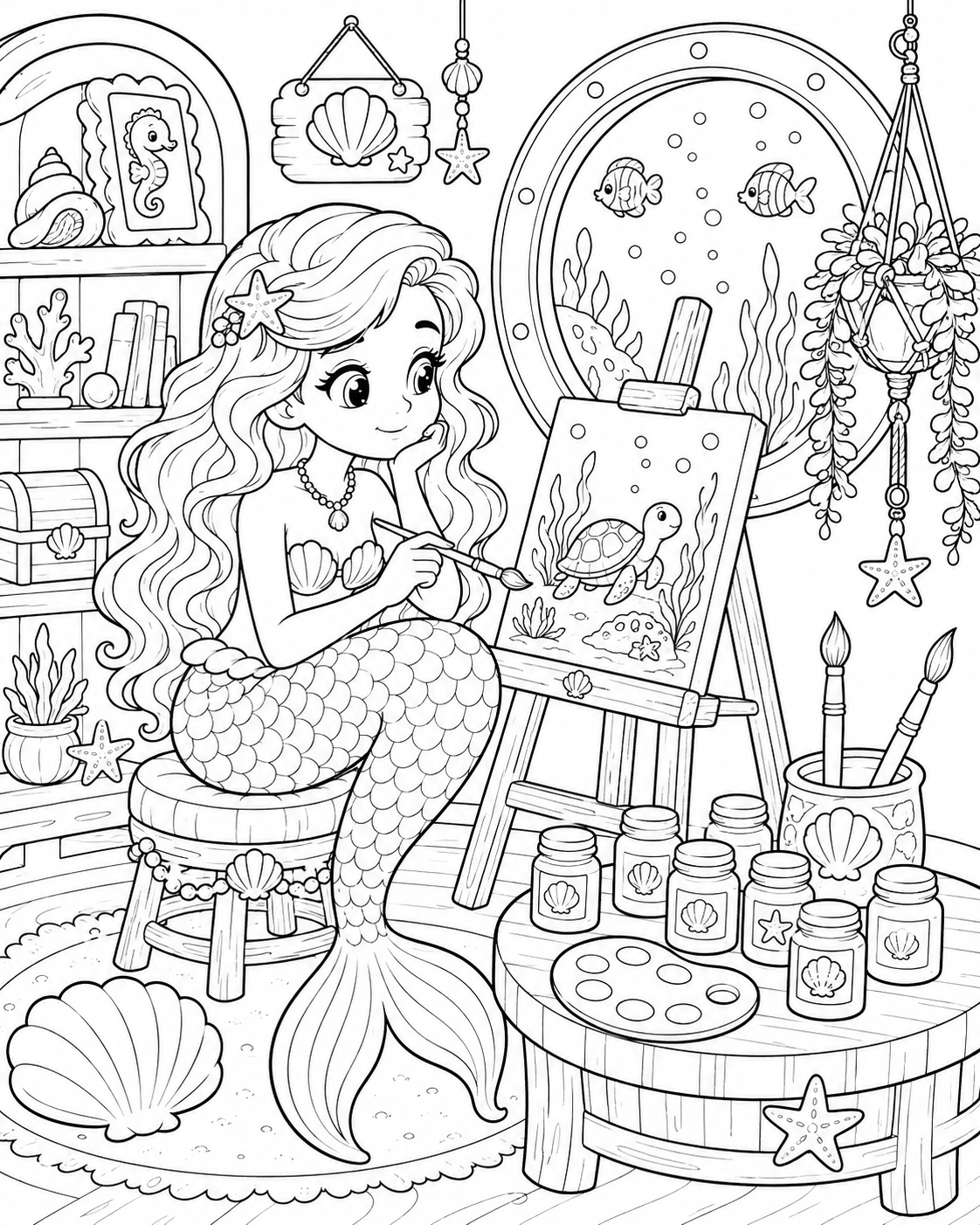 Ariel painting beside a round underwater window.