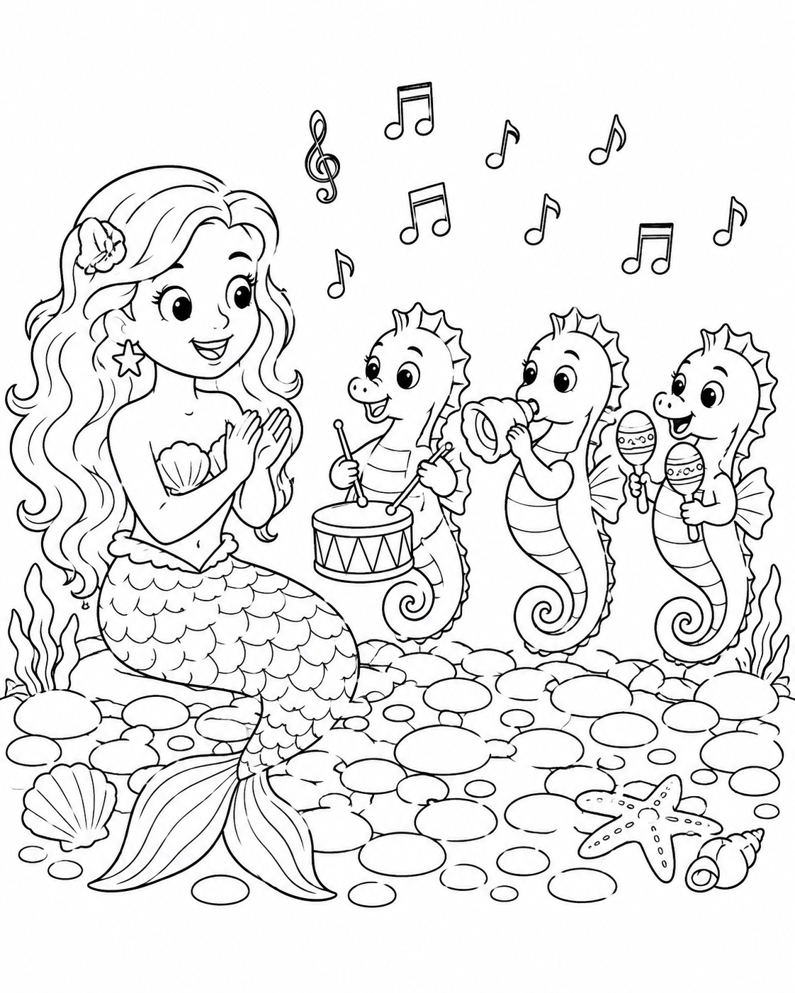 Ariel listening to three seahorses playing music.