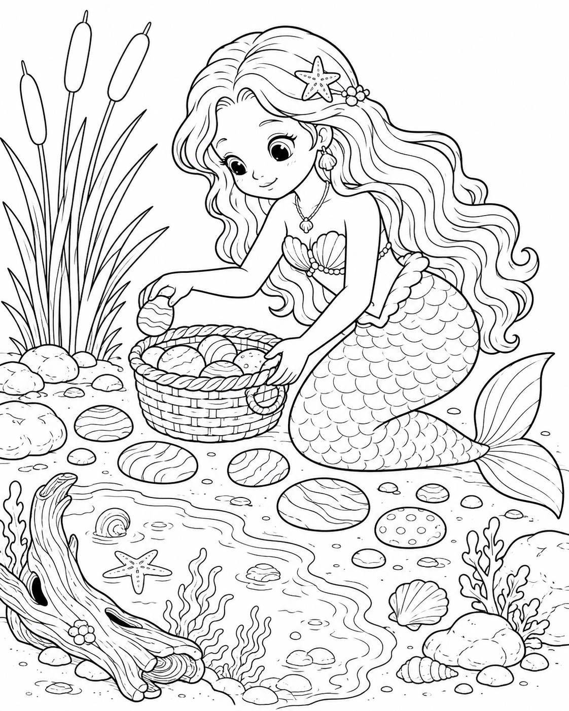 Ariel collecting smooth stones beside a tide pool.