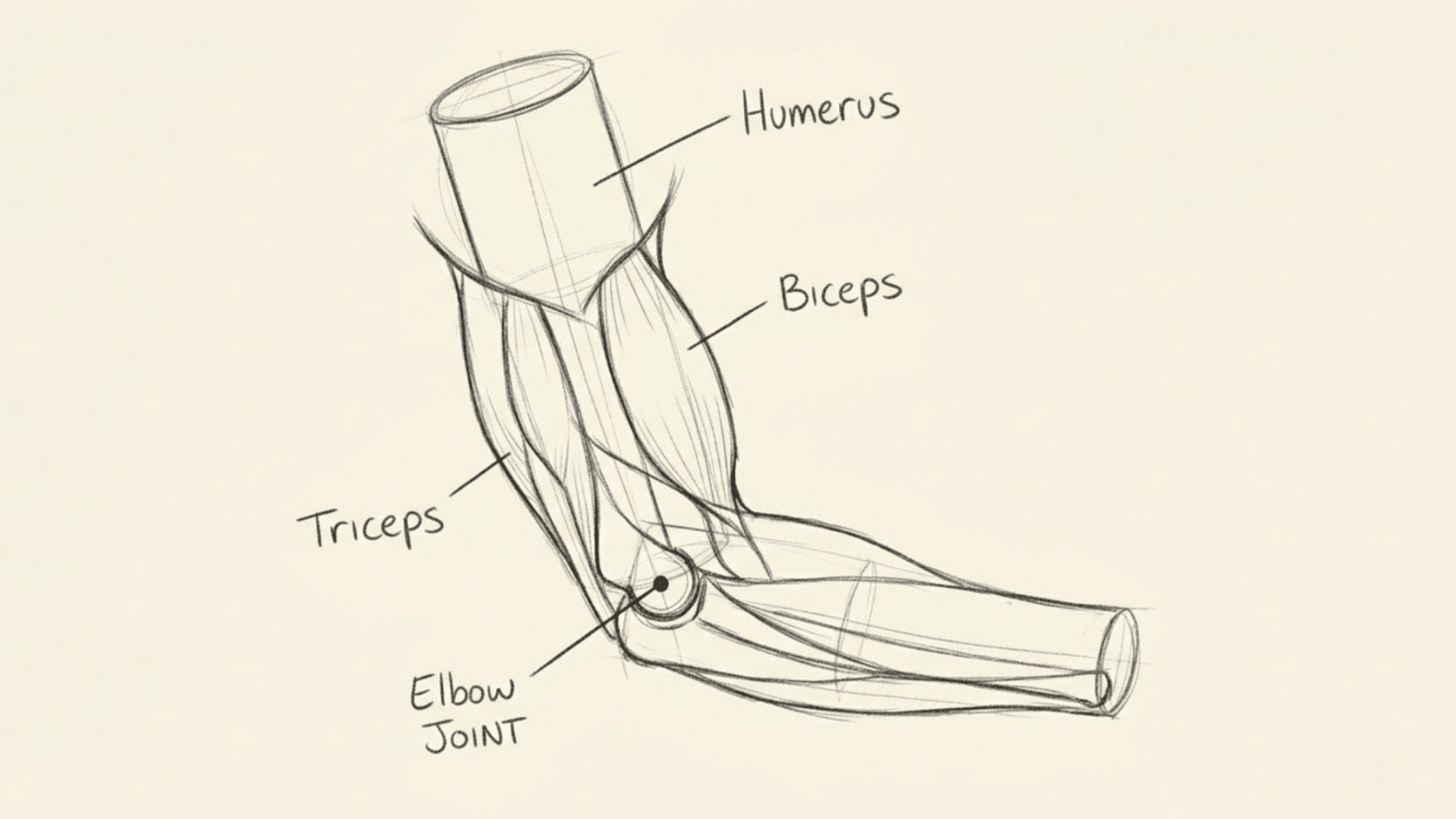 arm anatomy drawing showing the humerus, biceps, triceps, elbow joint, and forearm structure in a bent arm pose