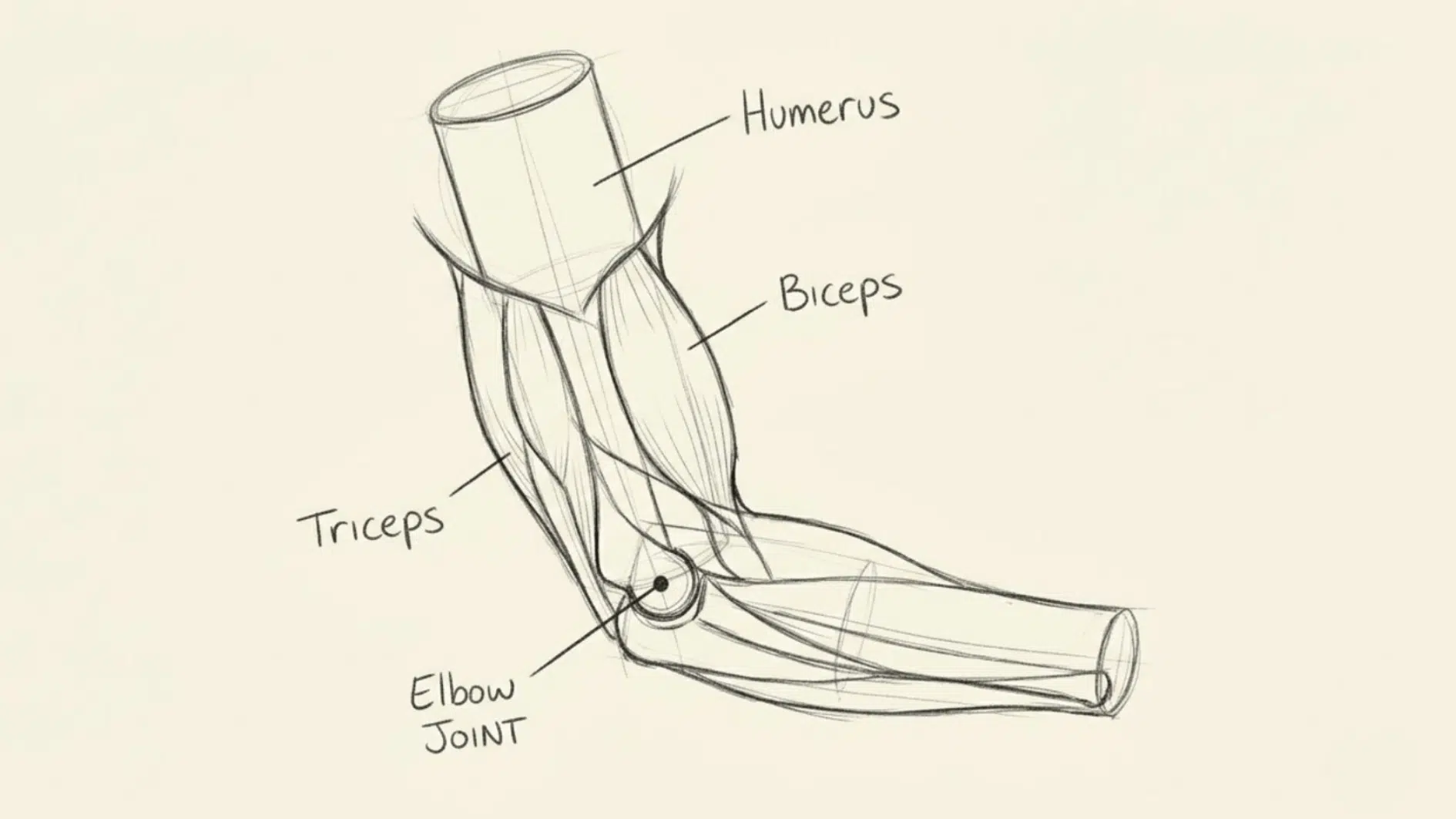 arm anatomy drawing showing the humerus, biceps, triceps, elbow joint, and forearm structure in a bent arm pose