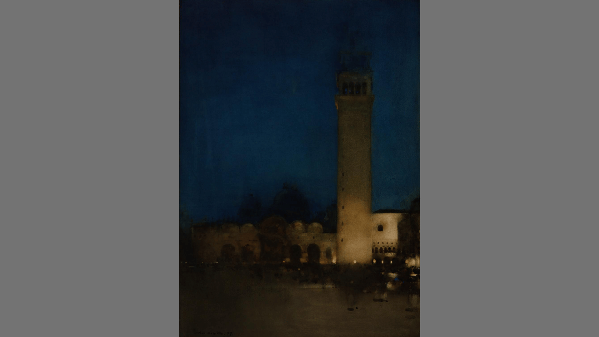 arthur melville’s The blue night, venice watercolor showing a tall lit tower against a deep blue evening sky