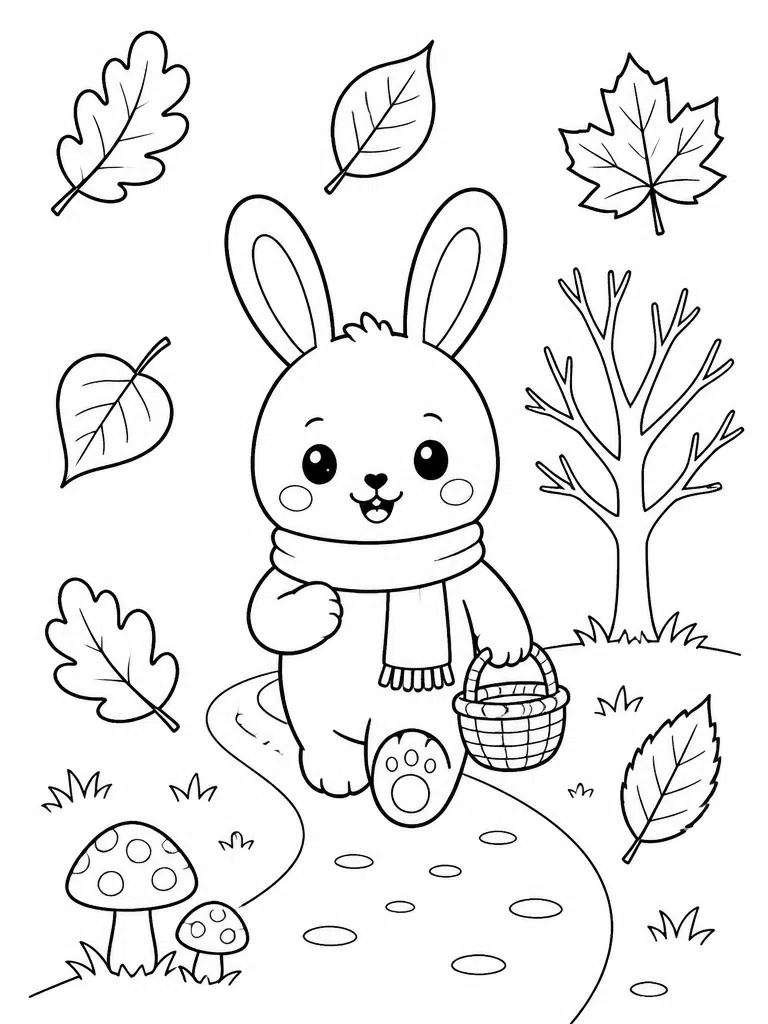 scarf wearing bunny carrying a basket beneath falling autumn leaves