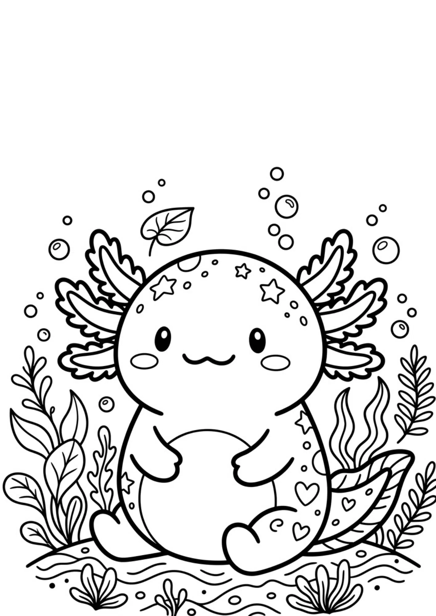 cute axolotl squishmallow coloring page with simple outlines, water details, and printable black and white kids activity design