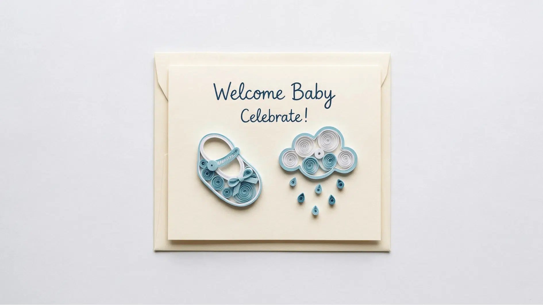 welcome baby card with quilled paper blue bootie and cloud with raindrops on cream cardstock