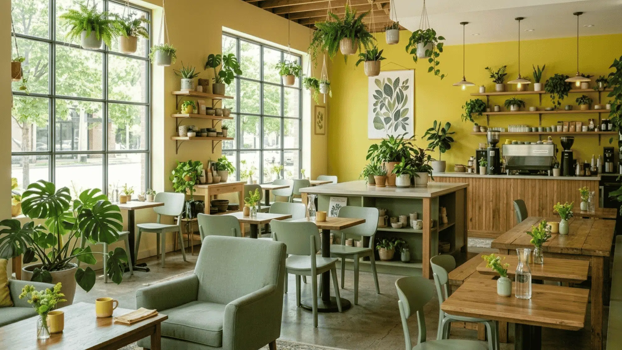 bright plant-filled café interior with yellow walls hanging greenery wooden tables and coffee bar