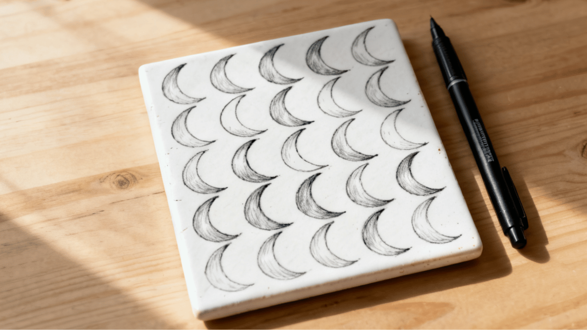 bales zentangle pattern with shaded crescent shapes drawn on a white tile beside a black fineliner pen