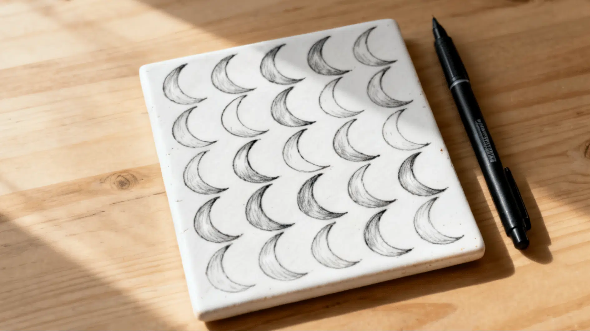 bales zentangle pattern with shaded crescent shapes drawn on a white tile beside a black fineliner pen