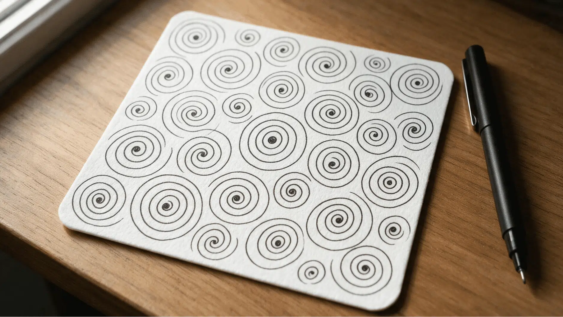 basic spiral zentangle pattern with flowing black ink spirals covering a white tile beside a fineliner pen