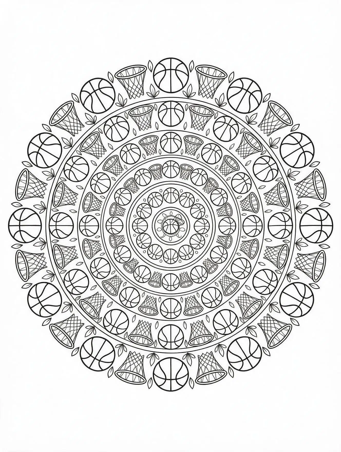 Basketball mandala coloring page with eight rings of balls and hoop shapes