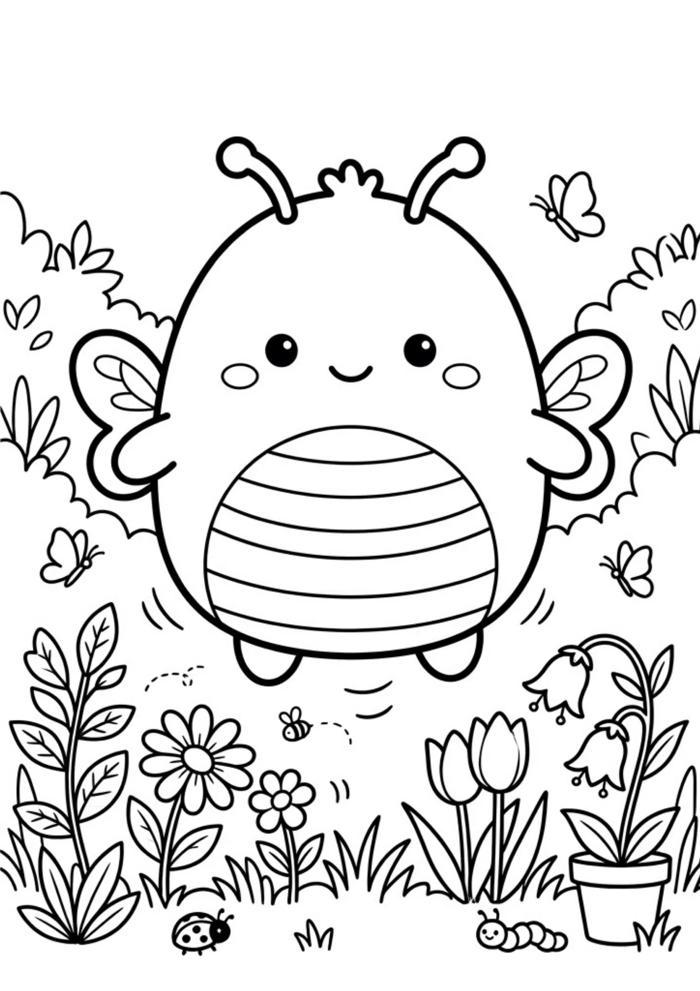 bee squishmallow coloring sheet with flower details and printable black and white character coloring activity for kids