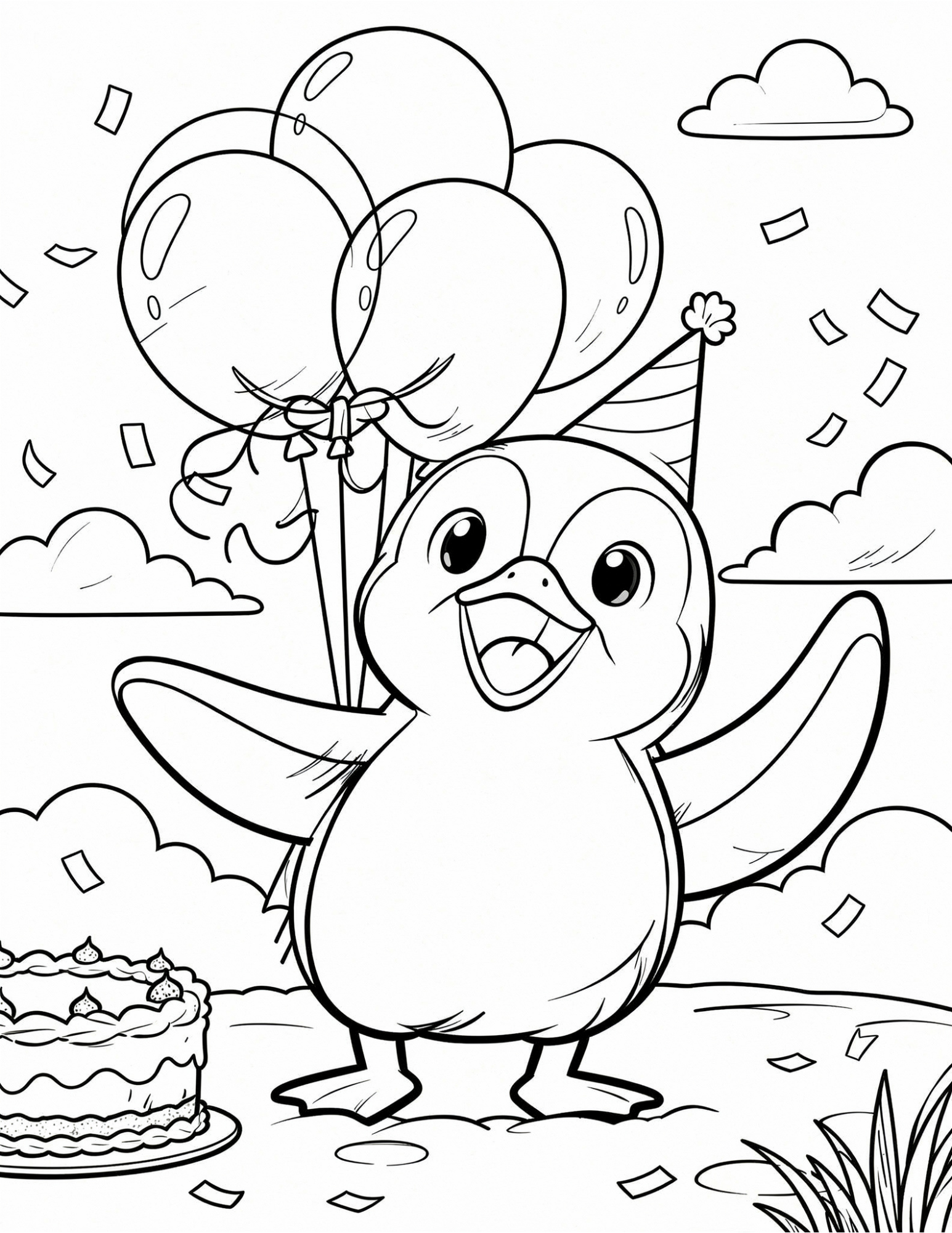 penguin birthday party celebration balloons cake coloring page outline