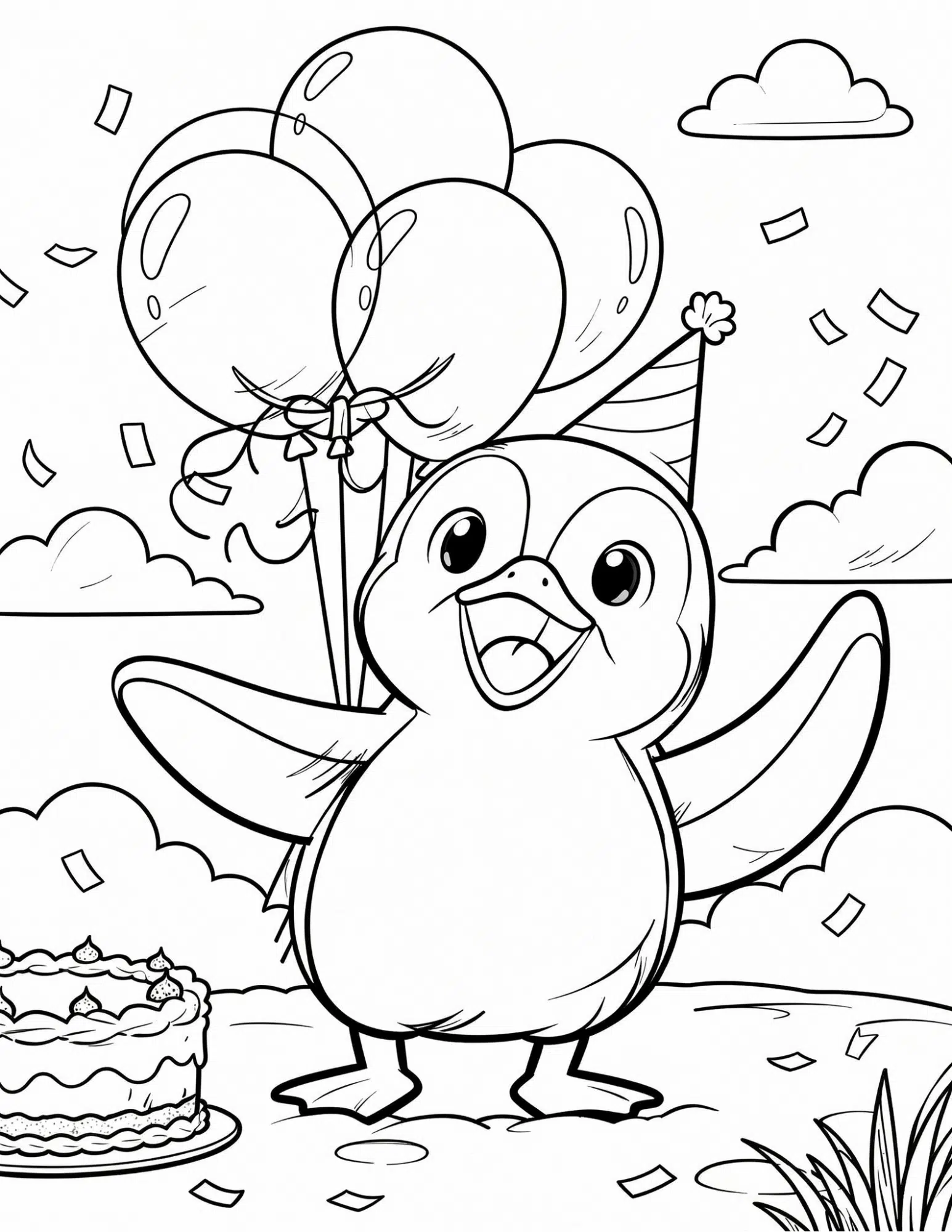 penguin birthday party celebration balloons cake coloring page outline