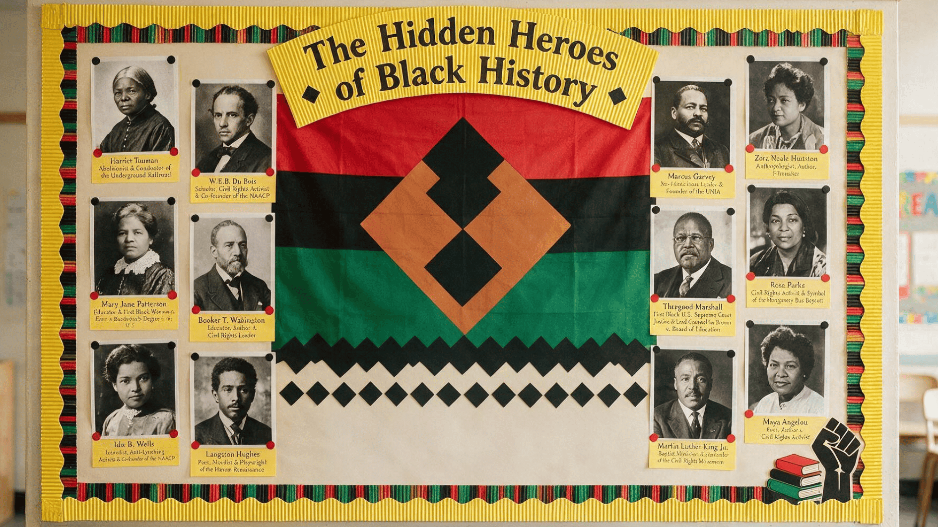black history month bulletin board featuring the pan african flag and portraits of influential black leaders and changemakers