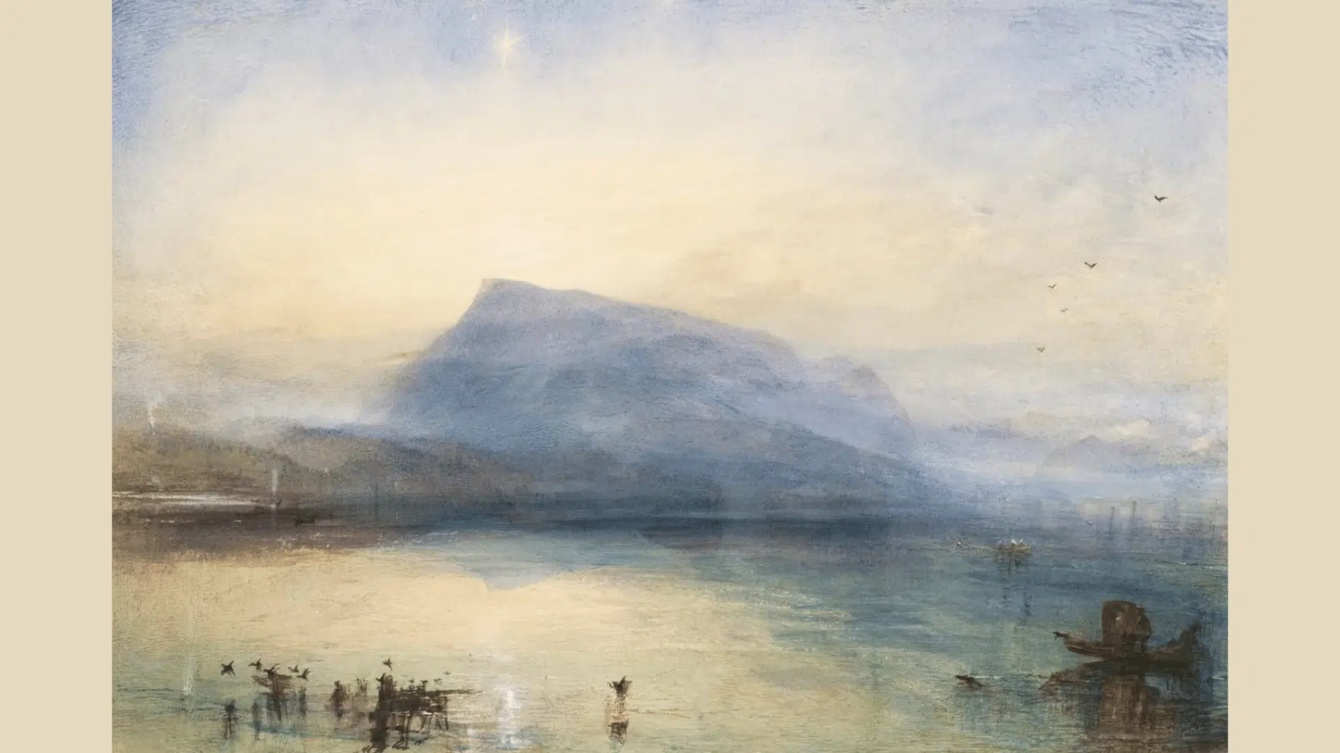 turner's the blue rigi sunrise showing a misty mountain above lake lucerne with boats and birds at dawn