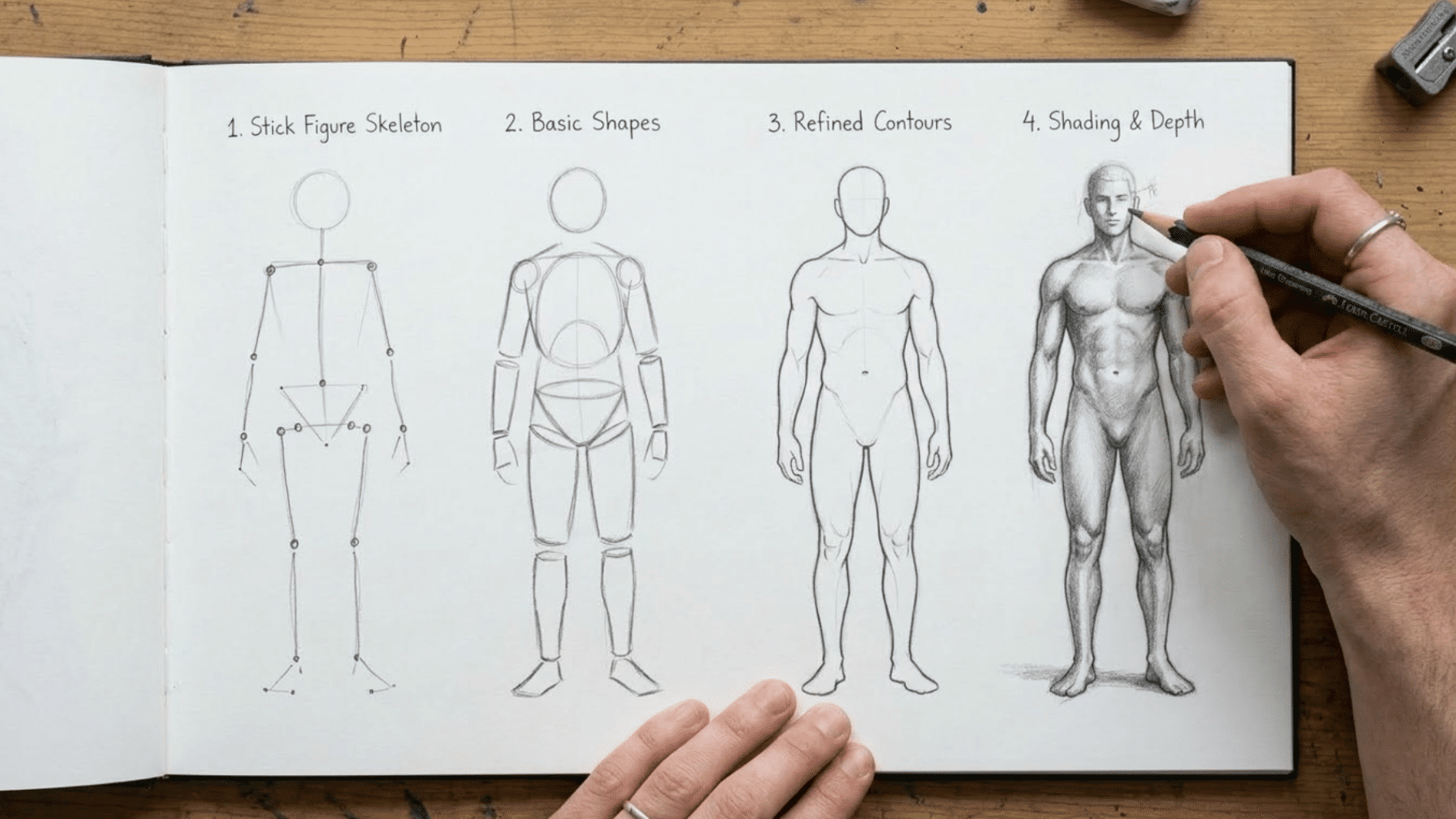 four step <echighlighted><echighlighted><echighlighted><echighlighted><echighlighted>body drawing</echighlighted></echighlighted></echighlighted></echighlighted></echighlighted> practice shown in a sketchbook, progressing from a stick figure skeleton to basic shapes, refined contours, and a shaded human figure, with an artist’s hand drawing the final stage