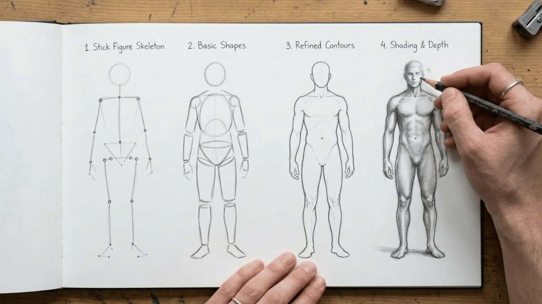 four step <echighlighted><echighlighted><echighlighted><echighlighted><echighlighted>body drawing</echighlighted></echighlighted></echighlighted></echighlighted></echighlighted> practice shown in a sketchbook, progressing from a stick figure skeleton to basic shapes, refined contours, and a shaded human figure, with an artist’s hand drawing the final stage