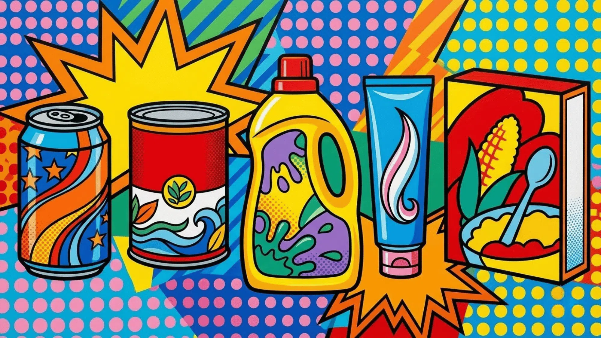 bold pop art illustration of everyday consumer products